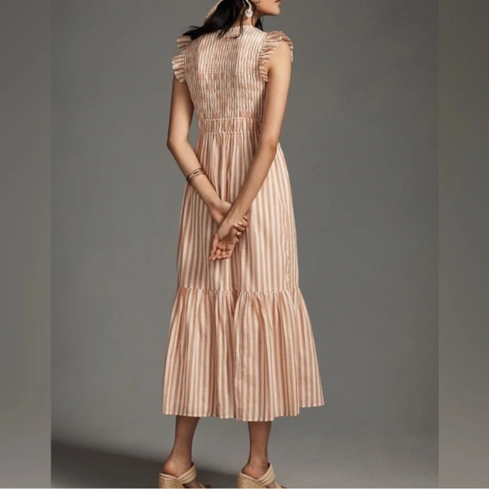 Sleeveless Smocked Midi Dress in Blush Stripe